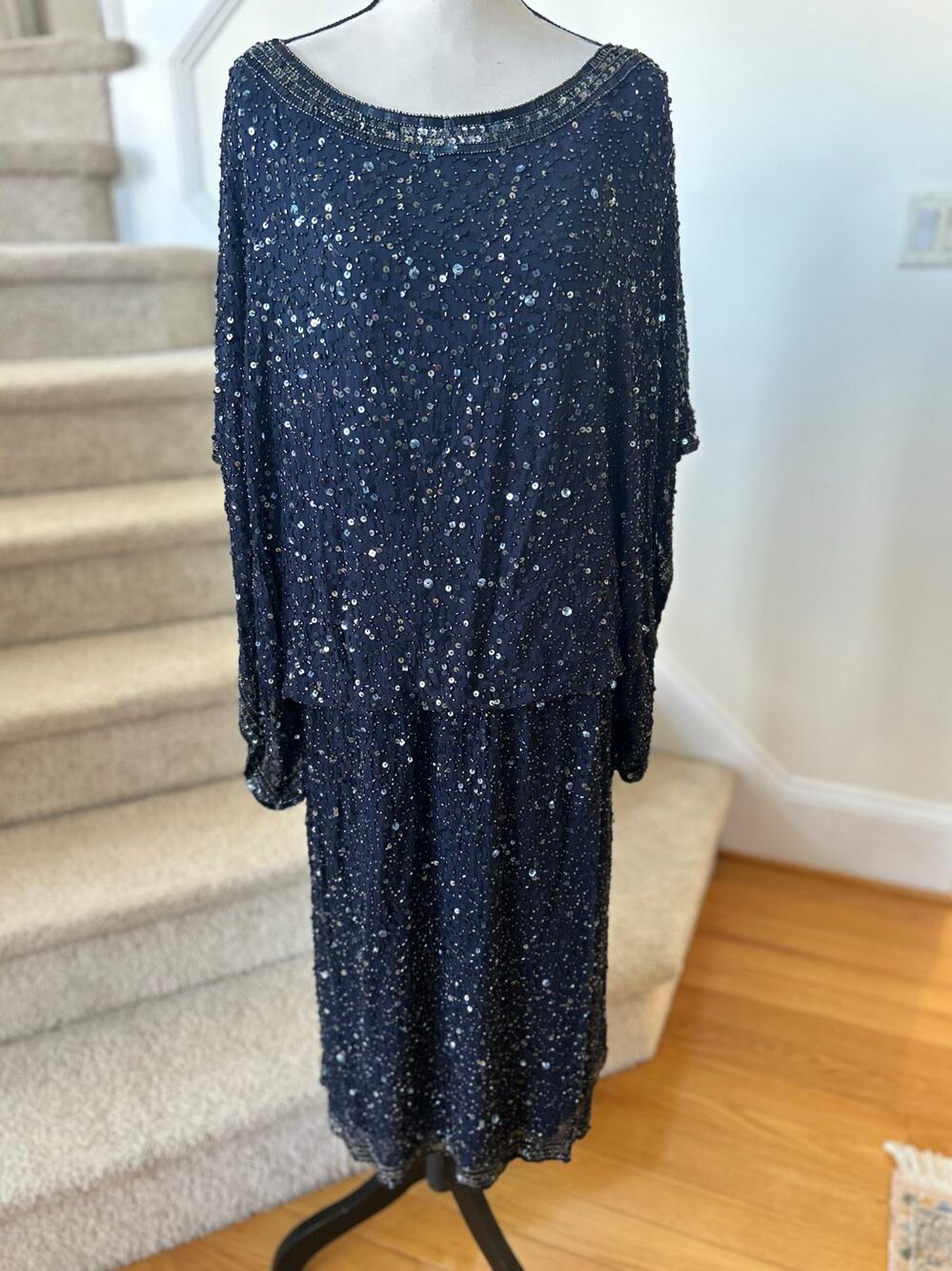 Patra Navy Beaded Silk Draped Scoop Neck Cocktail Dress